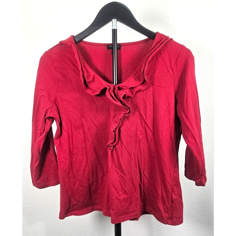 Talbots Petites MP Red Ruffle Neck Top 3/4 Sleeve Cotton Modal Stretch Shirt